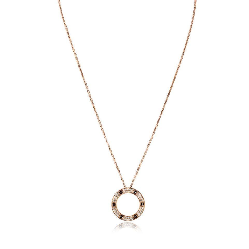 Cartier Love 18K Rose Gold Diamond Necklace 18 inches: Cartier Love 18K Rose Gold Diamond Necklace 18 inches Elevate your jewelry collection with this exquisite Cartier Love necklace, crafted from luxurious 18K rose gold. This stunning piece features a st