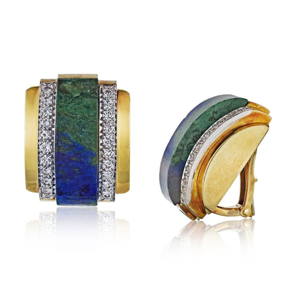 David Webb Platinum 18K Yellow Gold Diamond Earrings with Azurmalachite: David Webb Platinum 18K Yellow Gold Diamond Earrings with Azurmalachite These exquisite David Webb earrings feature a stunning combination of platinum and 18K yellow gold. They are adorned with approx