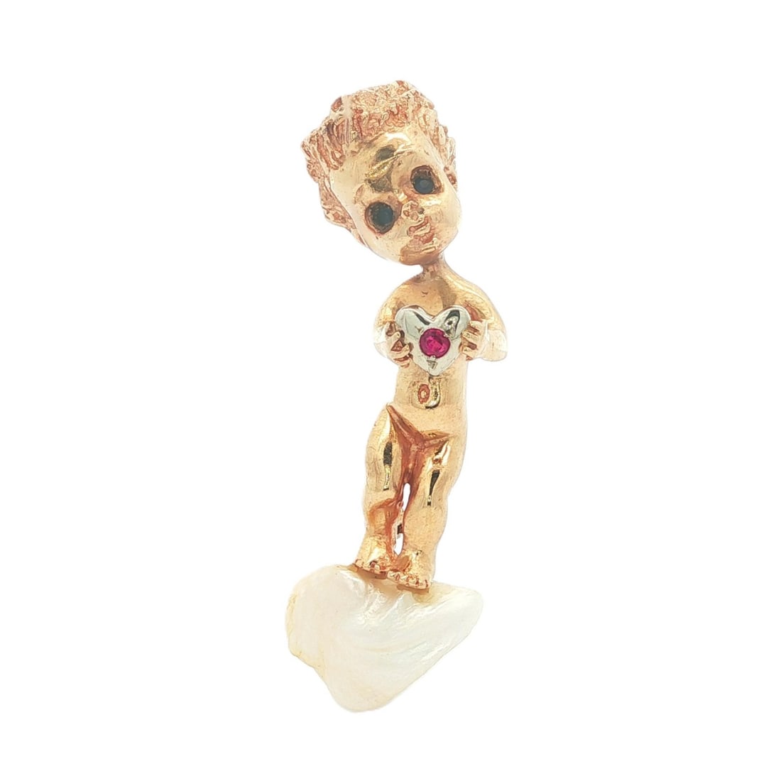 Cherub Heart Brooch in 14k Gold with Sapphire Ruby and Pearl by William Ruser: Cherub Heart Brooch in 14k Gold with Sapphire Ruby and Pearl by William Ruser This William Ruser brooch features a cherub child holding a heart, crafted from solid 14k yellow gold. The design is adorn
