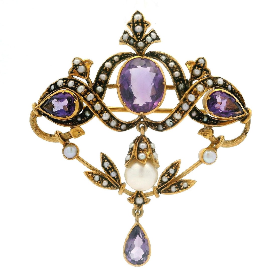 Antique Victorian 18k Gold Amethyst Seed Pearl Floral Pendant Brooch: Antique Victorian 18k Gold Amethyst Seed Pearl Floral Pendant Brooch This exquisite Antique Victorian brooch pendant elegantly combines the beauty of 18k solid yellow gold with stunning gemstones. The