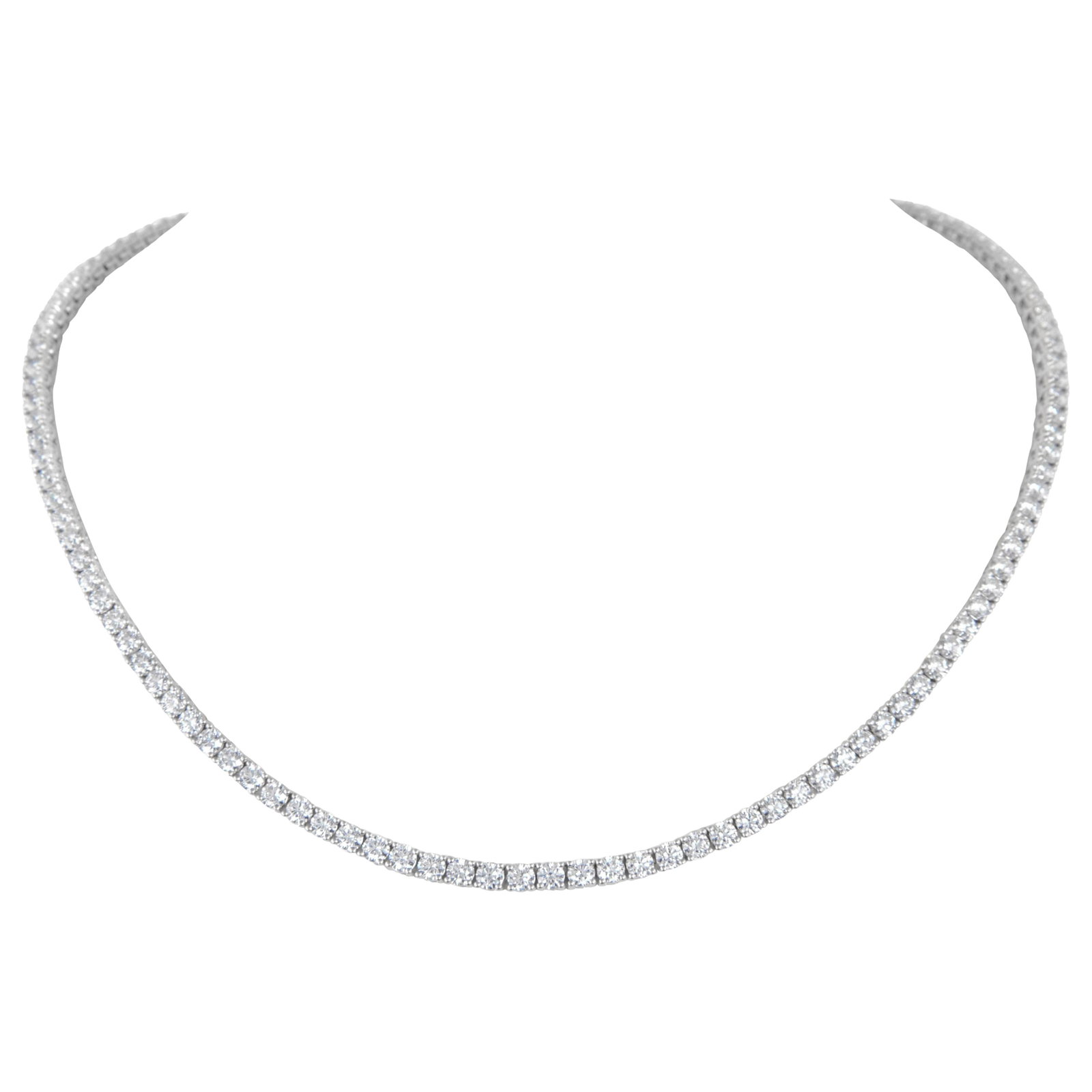 12.65ct Diamond Tennis Necklace 18k White Gold 16in: 12.65ct Diamond Tennis Necklace 18k White Gold 16in This exquisite diamond tennis necklace features 125 round brilliant diamonds totaling 12.65 carats, set in luxurious 18k white gold. The diamonds bo