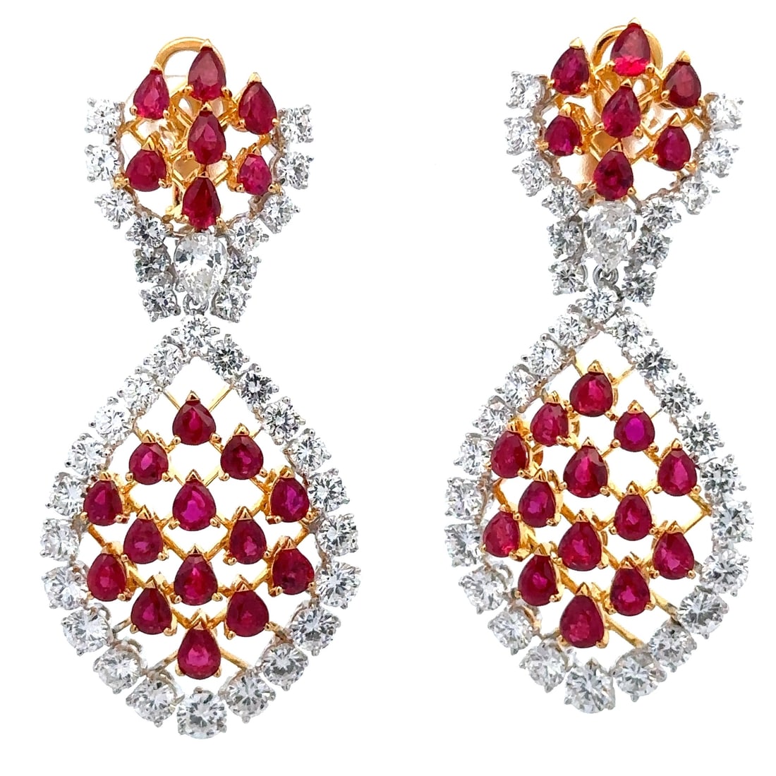 Omega Platinum Gold 16.47ctw GIA Burma Ruby Diamond Dangle Earrings: Omega Platinum Gold 16.47ctw GIA Burma Ruby Diamond Dangle Earrings Introducing a stunning pair of chandelier dangle earrings that beautifully blend elegance and luxury. Crafted from solid platinum an