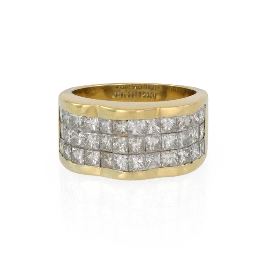 Stunning 3ct Invisible Set Princess Diamond 18k Yellow Gold Band Ring: Stunning 3ct Invisible Set Princess Diamond 18k Yellow Gold Band Ring This stunning wide band ring is crafted from 18k yellow gold with a polished finish, featuring a unique slight wave design on the 