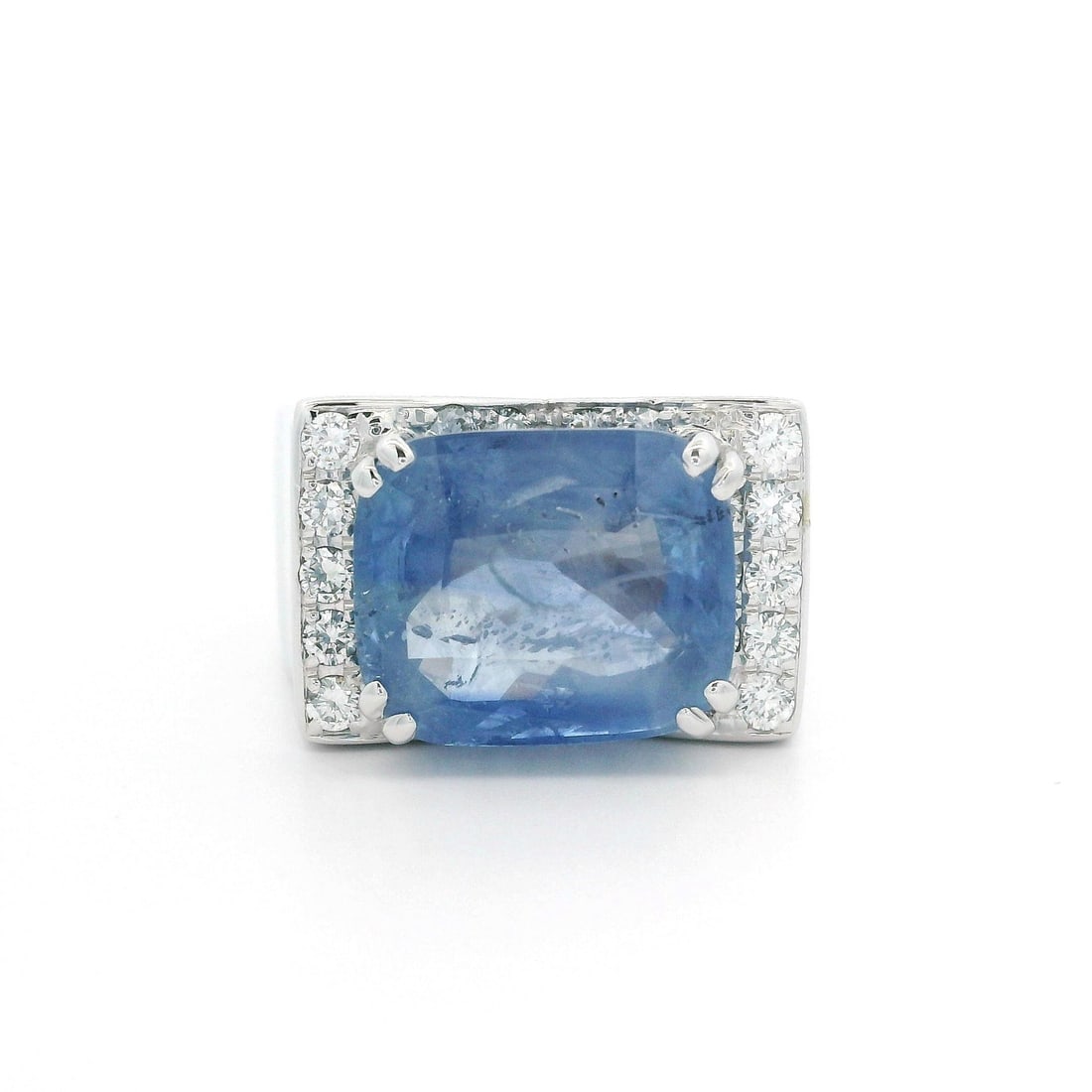18k White Gold GIA 8.63ct No Heat Blue Sapphire Diamond Wide Band Ring: 18k White Gold GIA 8.63ct No Heat Blue Sapphire Diamond Wide Band Ring This stunning cocktail ring features a large, natural cushion-cut sapphire weighing 8.13 carats, beautifully showcased in a dual 