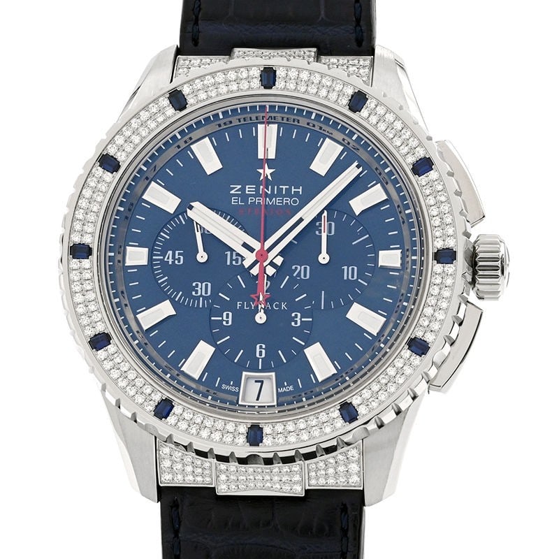 Zenith El Primero Stratos Flyback 46mm Automatic Men's Watch: Zenith El Primero Stratos Flyback 46mm Automatic Men's Watch This Zenith El Primero Stratos Flyback men's wristwatch features a 46mm stainless steel case with a blue dial and an alligator leather stra