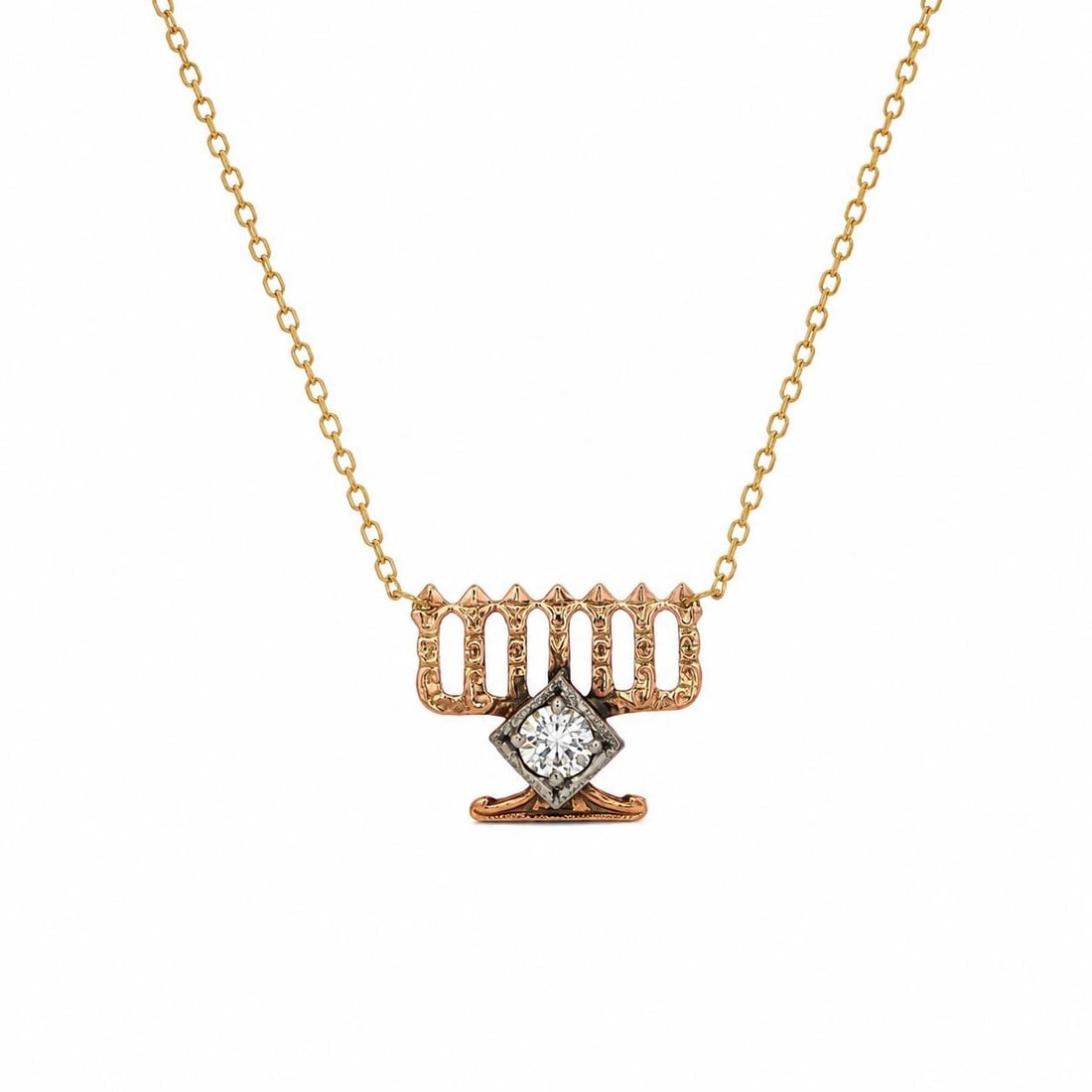Menorah pendant necklace 8K yellow gold with diamond and adjustable chain: Menorah pendant necklace 8K yellow gold with diamond and adjustable chain This necklace features an antique menorah pendant crafted from 8K solid yellow gold, adorned with a single old cut natural dia