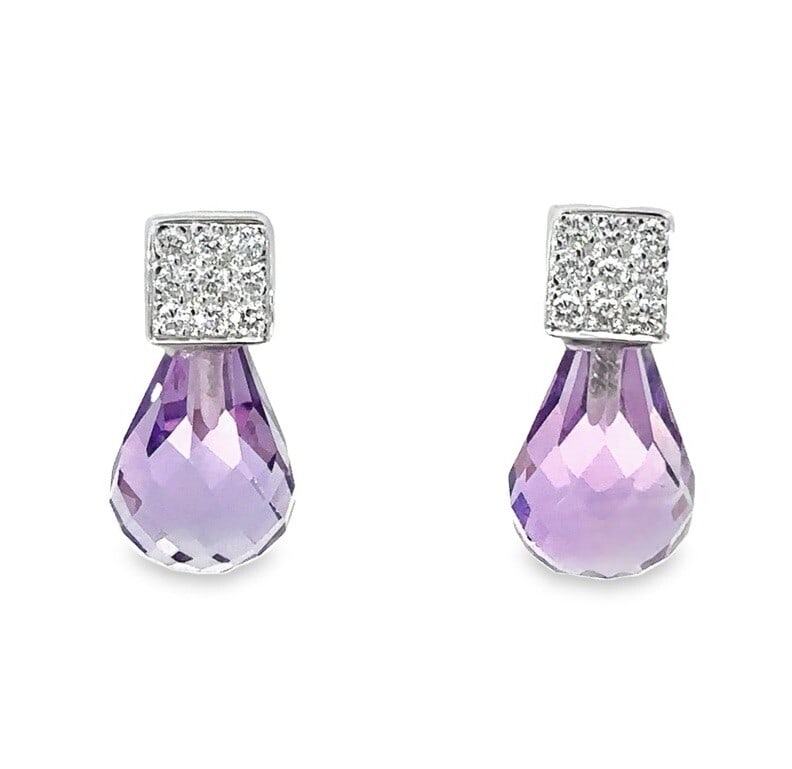 18K White Gold Pave Diamond Amethyst Teardrop Dangle Earrings: 18K White Gold Pave Diamond Amethyst Teardrop Dangle Earrings Elevate your elegance with these stunning 18K White Gold Pave Diamond and Briolette Pear Cut Amethyst Drop Dangle Earrings. Featuring a be