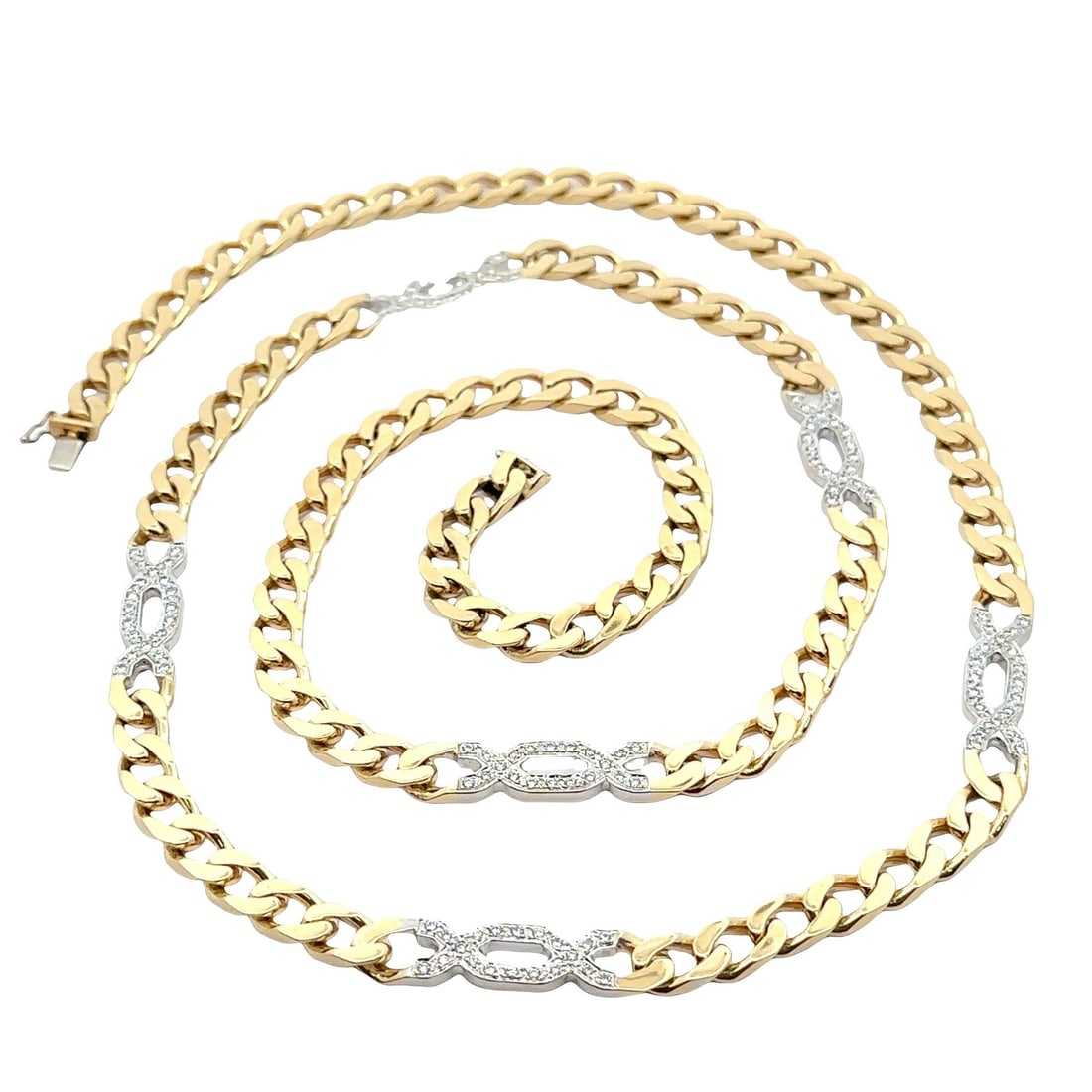 Italian 18k Yellow Gold 36" Diamond Station Necklace Curb Link: Italian 18k Yellow Gold 36" Diamond Station Necklace Curb Link This exquisite Heavy Italian 18k Yellow Gold Diamond Station Necklace features a stunning 36-inch long curb Cuban link design, ideal for 