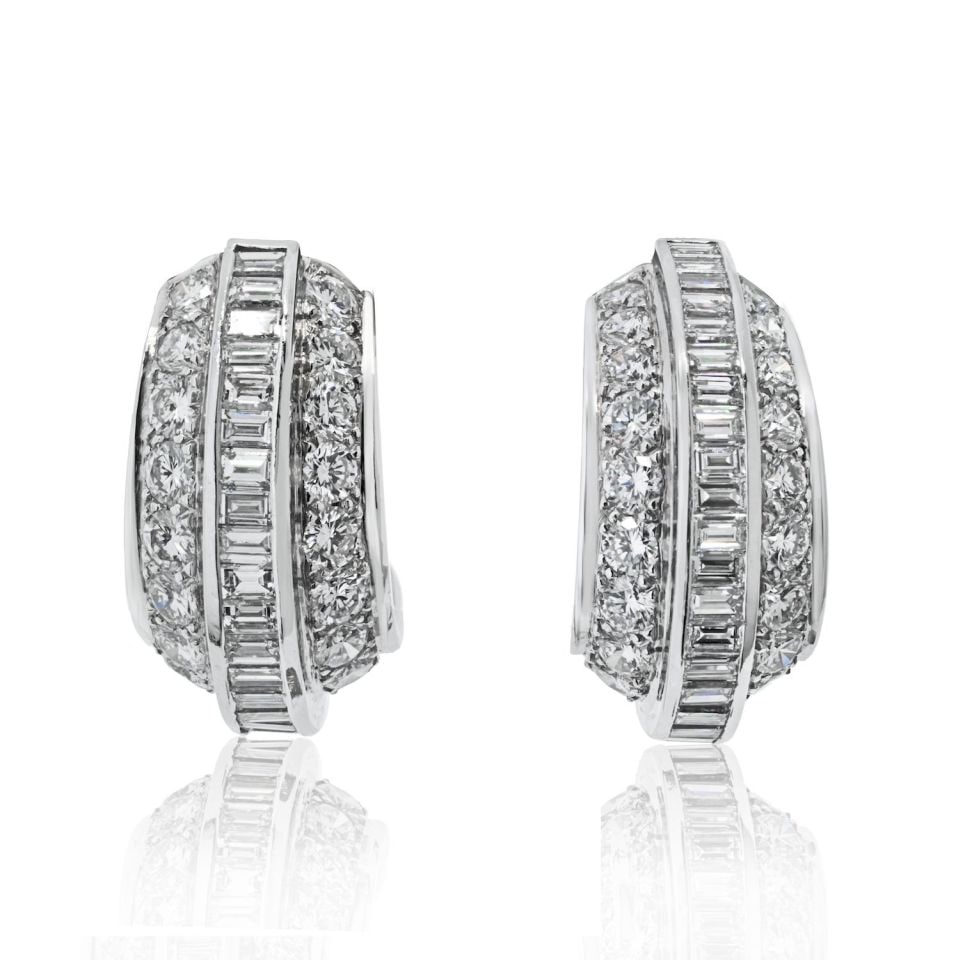 Cartier Platinum Huggie Earrings 8.00cttw Round Baguette Diamonds: Cartier Platinum Huggie Earrings 8.00cttw Round Baguette Diamonds Elevate your style with these exquisite Cartier Platinum Huggie Earrings, featuring a stunning combination of round and baguette cut d