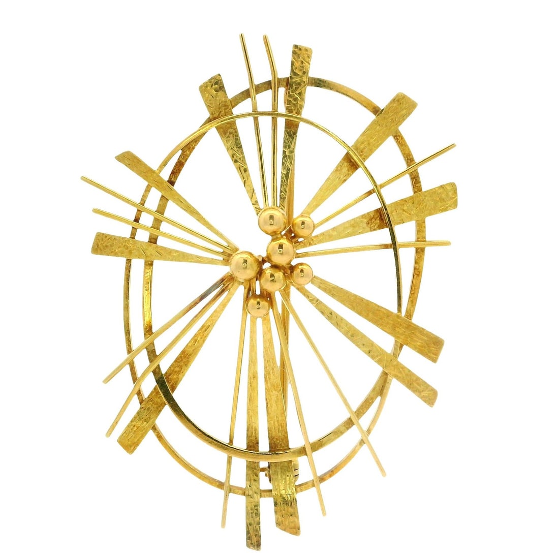 Handmade 18k Yellow Gold Abstract Starburst Brooch Pin: Handmade 18k Yellow Gold Abstract Starburst Brooch Pin This exquisite handmade brooch features a unique abstract starburst design crafted from solid 18k yellow gold. The intricate bead-textured surfac