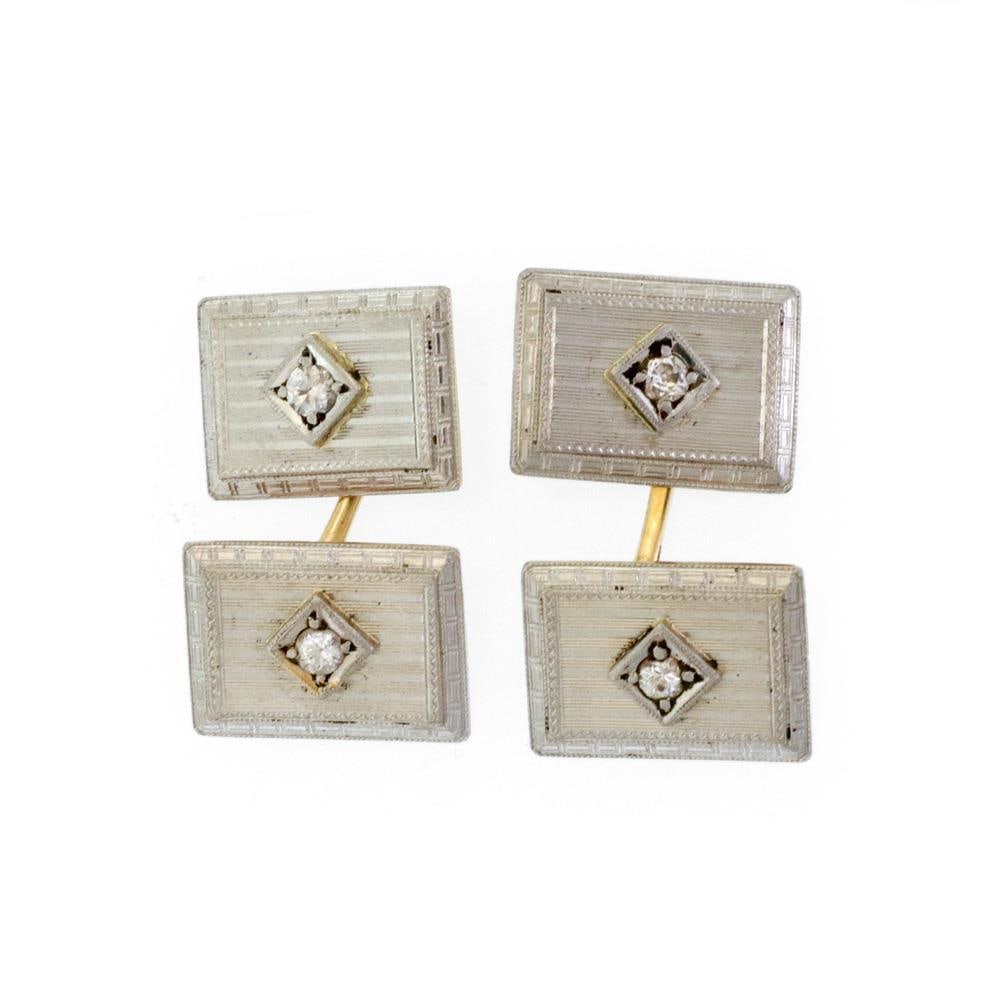 Art Deco Platinum 14k Yellow Gold Diamond Cufflinks Rectangle Design: Art Deco Platinum 14k Yellow Gold Diamond Cufflinks Rectangle Design This exquisite pair of Art Deco cufflinks features a double end frame crafted from platinum, complemented by a 14k yellow gold back