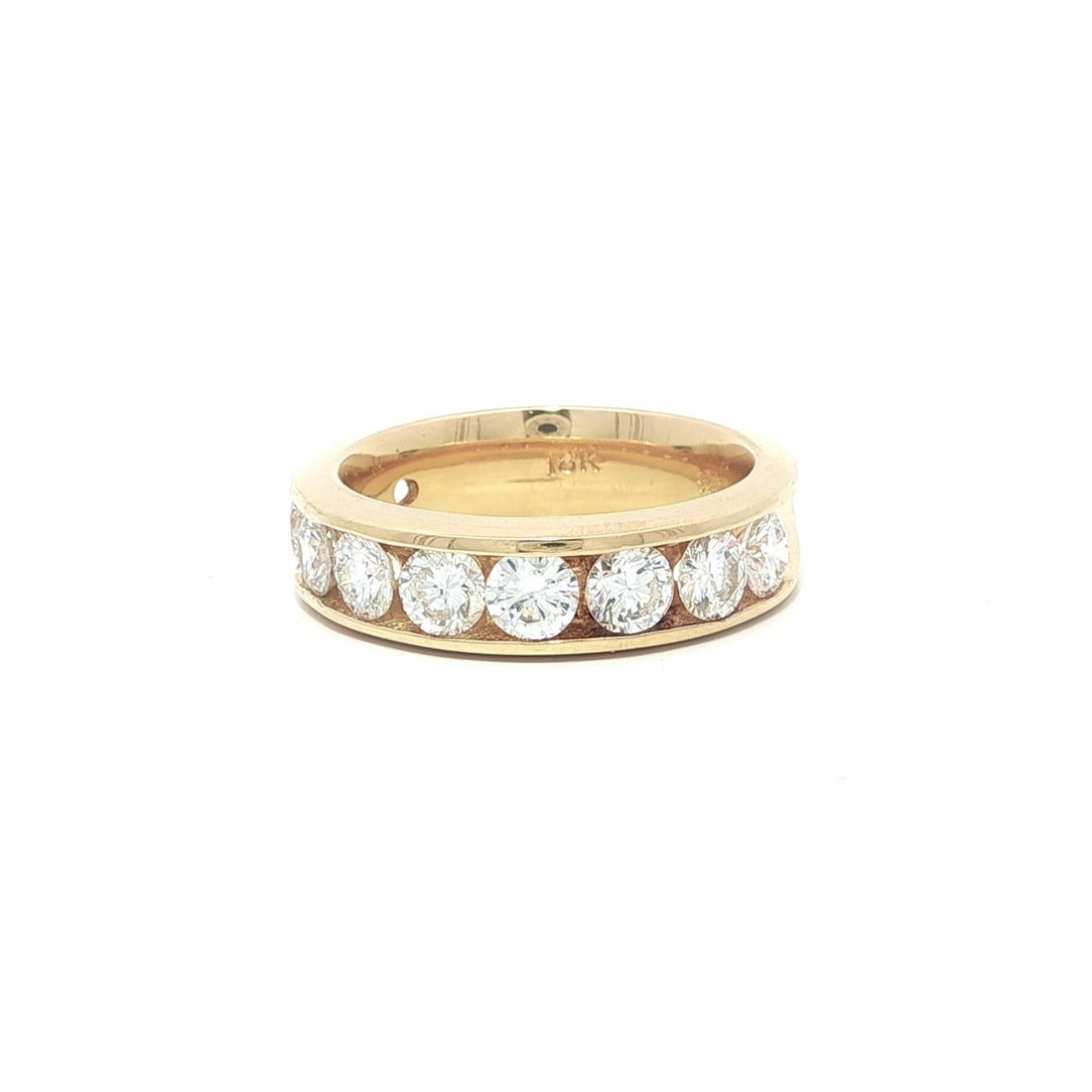 18k Yellow Gold 2.10ctw Diamond Channel Band Ring 10 Brilliant Cut: 18k Yellow Gold 2.10ctw Diamond Channel Band Ring 10 Brilliant Cut This exquisite band ring showcases a solid construction of 18k yellow gold and features a stunning array of 10 large round brilliant 
