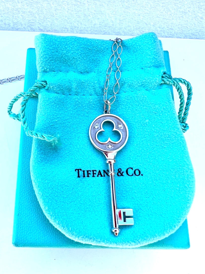 Tiffany & Co 18K White Gold Diamond Key Chain Necklace with Box: Tiffany & Co 18K White Gold Diamond Key Chain Necklace with Box Discover the elegance of this stunning Tiffany & Co. necklace, featuring a beautifully crafted key and chain design. Made from 18K white