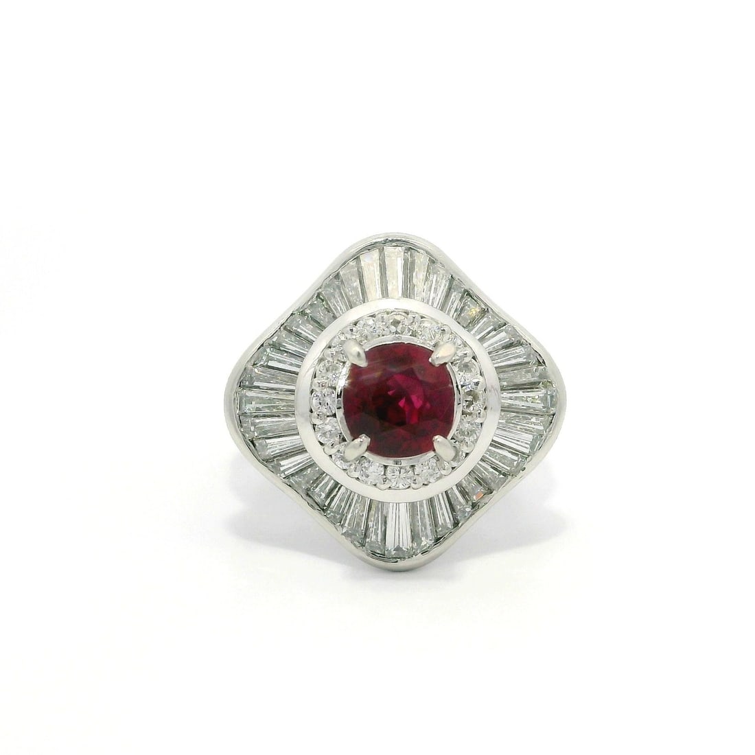 Vintage GIA Certified 2.55ctw Red Ruby Diamond Cocktail Ring Platinum: Vintage GIA Certified 2.55ctw Red Ruby Diamond Cocktail Ring Platinum This stunning vintage cocktail ring features a vivid red natural ruby and dazzling diamonds, set in solid platinum. The centerpiec