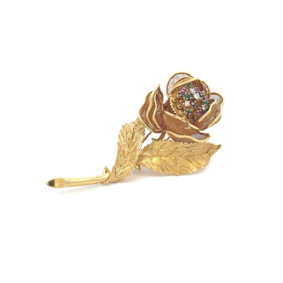 18k Yellow Gold Diamond Rose Brooch with Movable Petals: 18k Yellow Gold Diamond Rose Brooch with Movable Petals This stunning brooch is crafted from 18k yellow gold, showcasing a beautiful long stem rose design with movable mesh petals and a polished edge.