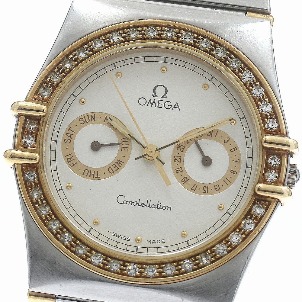 OMEGA Constellation mens quartz wristwatch with diamond bezel day date: OMEGA Constellation mens quartz wristwatch with diamond bezel day date Omega Constellation Day-Date Diamond Bezel Quartz men's wristwatch in pre-owned condition. The watch is identified as a Swiss-mad