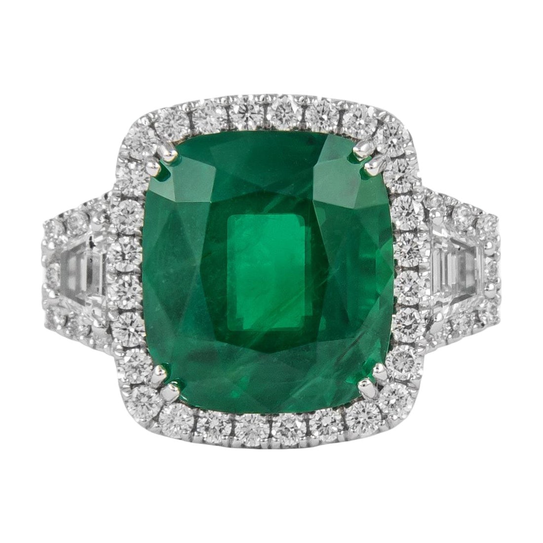 GIA 11.24ct Emerald Diamond Ring 18k White Gold: GIA 11.24ct Emerald Diamond Ring 18k White Gold This exquisite GIA 11.24ct Emerald & Diamond Three Stone Ring showcases a stunning natural emerald with exceptional color, complemented by a trio of spa
