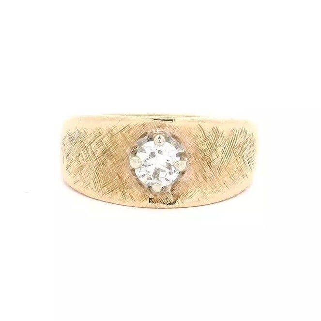 Vintage 14k Gold 0.33ct Diamond Solitaire Band Ring: Vintage 14k Gold 0.33ct Diamond Solitaire Band Ring This stunning vintage ring features a 14k yellow gold band with a distinctive concave Florentine finish. The centerpiece is a natural round brillian