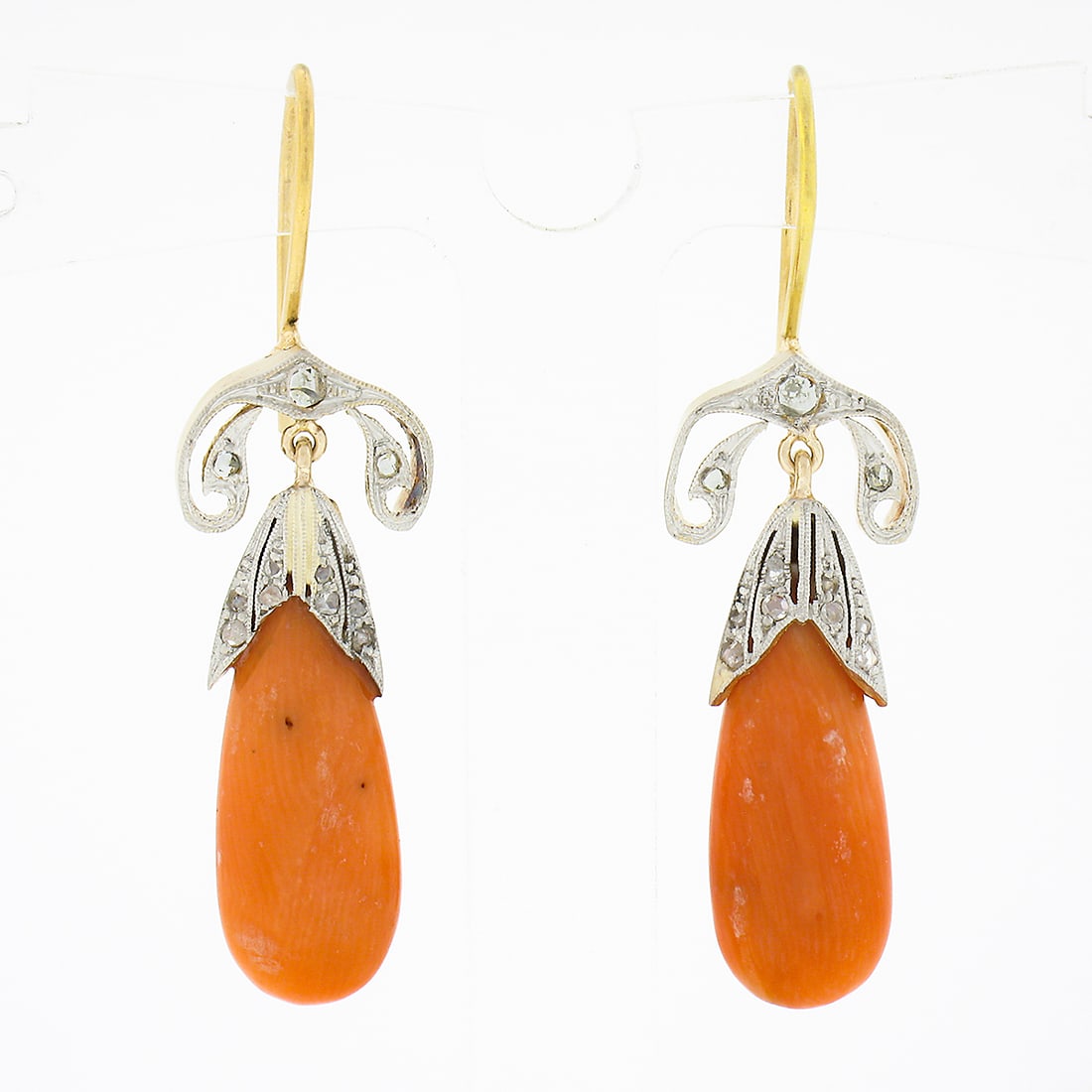 Vintage Gold Platinum Dangle Earrings Orange Coral Diamond Accents: Vintage Gold Platinum Dangle Earrings Orange Coral Diamond Accents These exquisite vintage earrings showcase a stunning blend of yellow gold and platinum, featuring an elegant drop/dangle design. Each