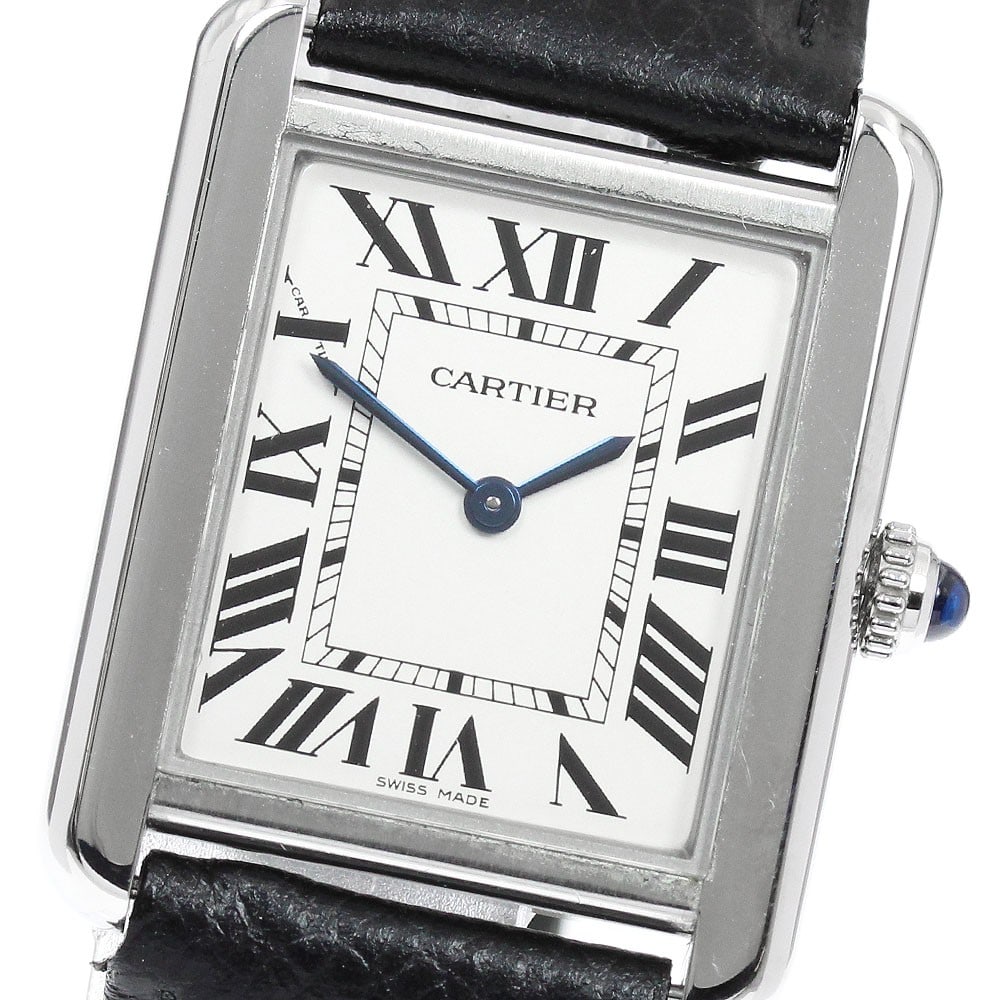 Cartier Tank Solo Ladies Quartz Leather Strap Watch: Cartier Tank Solo Ladies Quartz Leather Strap Watch This Cartier Tank Solo SM W5200005 is a sophisticated ladies' wristwatch featuring a silver dial, stainless steel case, and a leather strap. Powered
