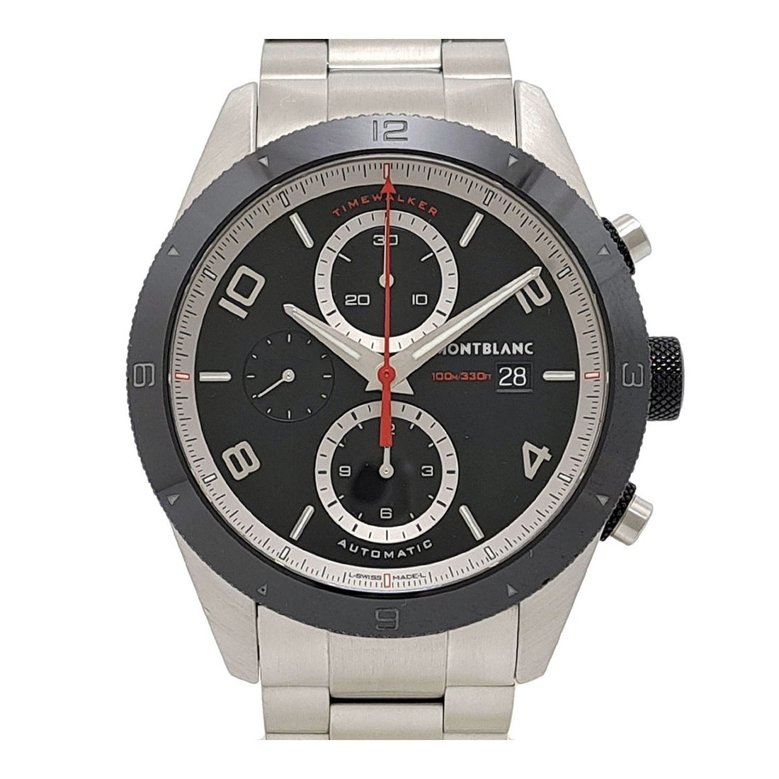 Montblanc TimeWalker Chronograph Automatic Black Dial Stainless Steel Watch: Montblanc TimeWalker Chronograph Automatic Black Dial Stainless Steel Watch This Montblanc Timewalker Chronograph wristwatch features a stainless steel case and band, designed for men. It is powered b