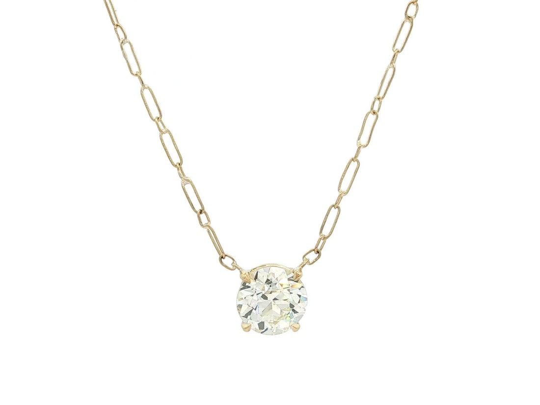 Antique 18k Yellow Gold 2.10ct GIA Old Diamond Solitaire Necklace: Antique 18k Yellow Gold 2.10ct GIA Old Diamond Solitaire Necklace This exquisite antique handmade open link chain necklace features a stunning natural diamond solitaire. The centerpiece is a genuine o