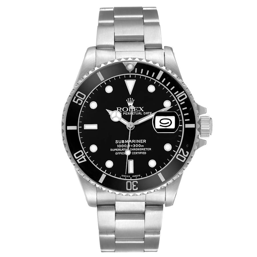 Rolex Black Dial Submariner Ref 16610 Oyster Bracelet Watch with Papers 2001: Rolex Black Dial Submariner Ref 16610 Oyster Bracelet Watch with Papers 2001 This Rolex Submariner features a black dial and a rotating bezel, paired with an Oyster bracelet. The watch is identified b