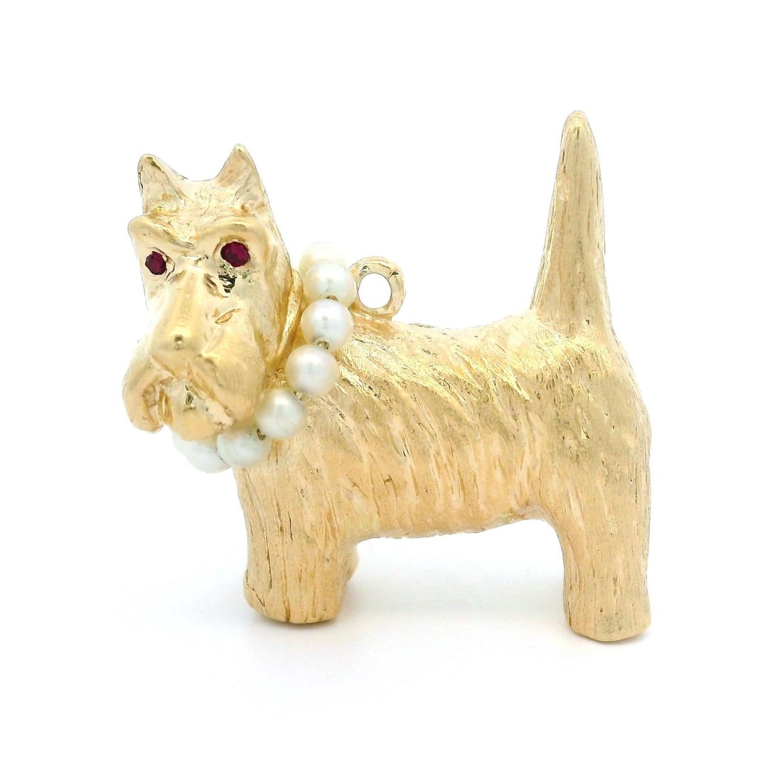 14k Yellow Gold Scottish Terrier Pendant with Cultured Pearls: 14k Yellow Gold Scottish Terrier Pendant with Cultured Pearls This charming necklace pendant features a delightful Scottish Terrier design, crafted from solid 14k yellow gold. The pendant is adorned w