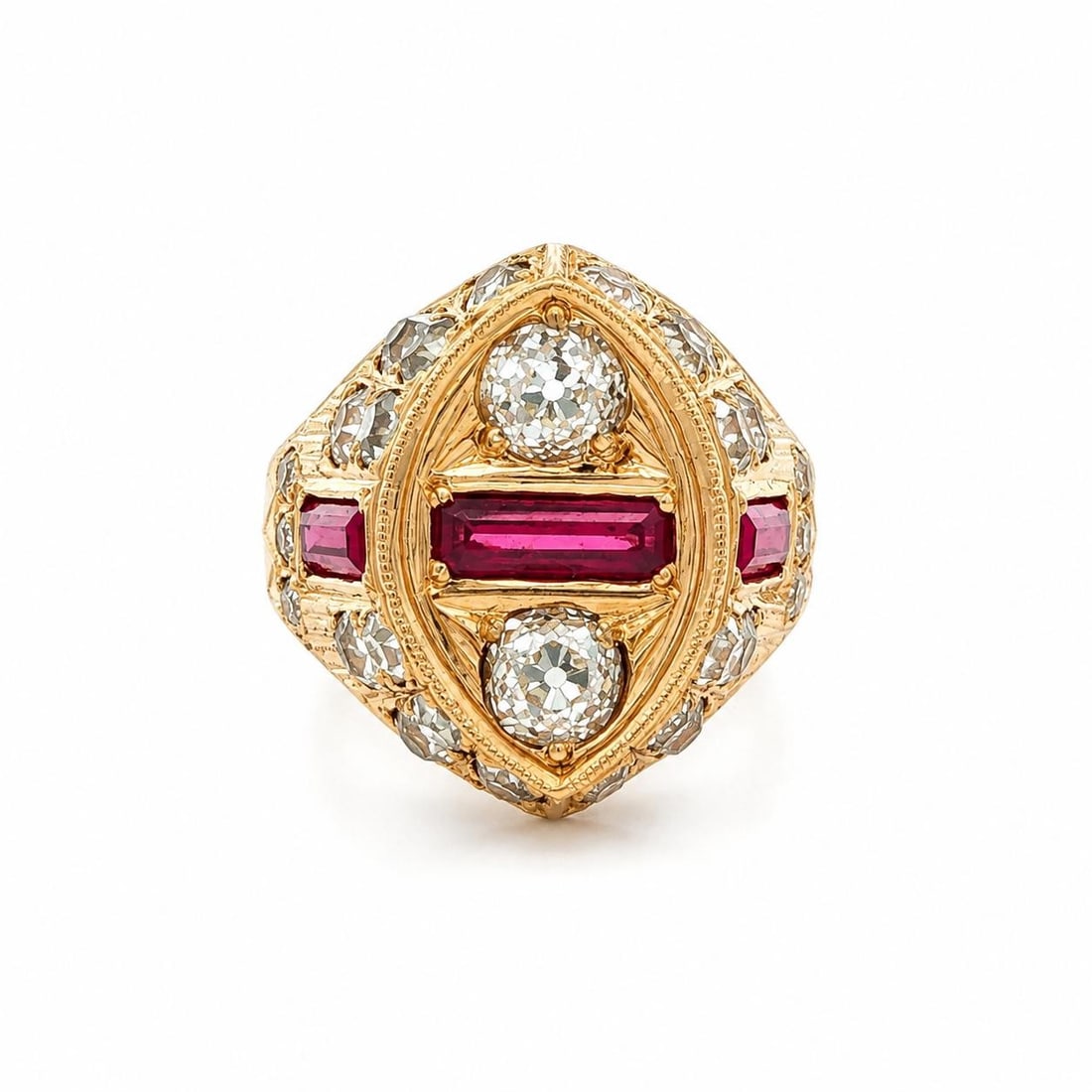 French 18k Rosy Yellow Gold Marquise Dinner Ring with Diamonds: French 18k Rosy Yellow Gold Marquise Dinner Ring with Diamonds This antique French marquise shape dinner ring features a striking design crafted from solid 18k rosy yellow gold. The ring showcases thr