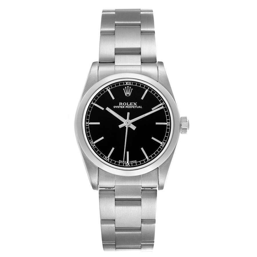 Ladies Rolex Oyster Perpetual Black Dial Ref 77080 with Papers: Ladies Rolex Oyster Perpetual Black Dial Ref 77080 with Papers This Rolex Oyster Perpetual watch features a black dial and a smooth bezel, complemented by a classic Oyster bracelet. The timepiece is d