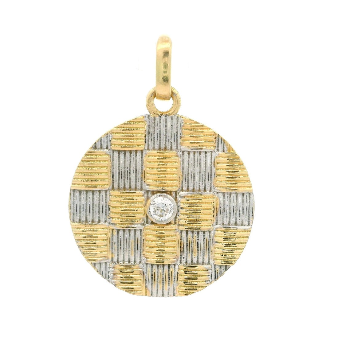 Estate Yellow White Gold 0.06ctw Diamond Charm Pendant Basket Weave: Estate Yellow White Gold 0.06ctw Diamond Charm Pendant Basket Weave This exquisite charm pendant features a unique basket weave design crafted from a blend of yellow and white gold. Adorned with a nat