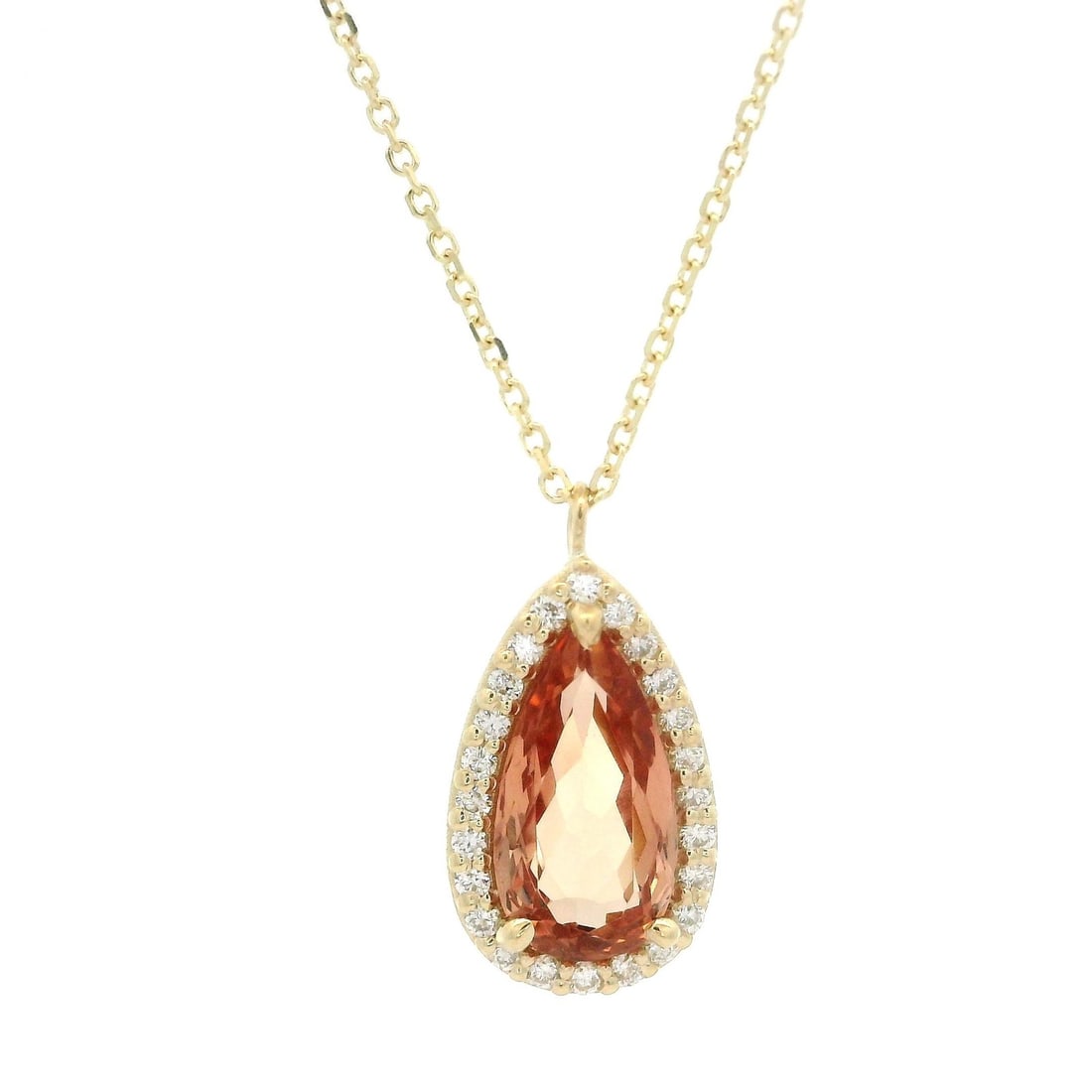 Teardrop Pendant in 14k Gold with GIA Certified Orange Topaz and Diamonds: Teardrop Pendant in 14k Gold with GIA Certified Orange Topaz and Diamonds This pendant features a pear-shaped, natural imperial precious orange topaz weighing 1.76 carats, set in solid 14k yellow gold