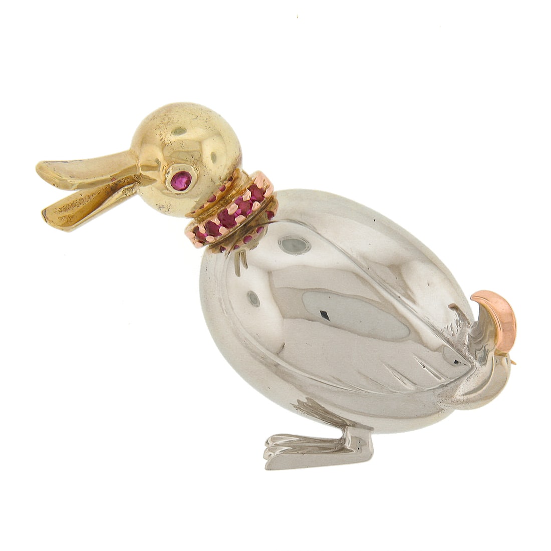 Retro 14K Tri Color Gold Duck Brooch with 6 Rubies: Retro 14K Tri Color Gold Duck Brooch with 6 Rubies Retro 14K tri-color gold duck bird brooch featuring a 3D design with 6 natural genuine round brilliant rubies. The piece is set in a pave style and h