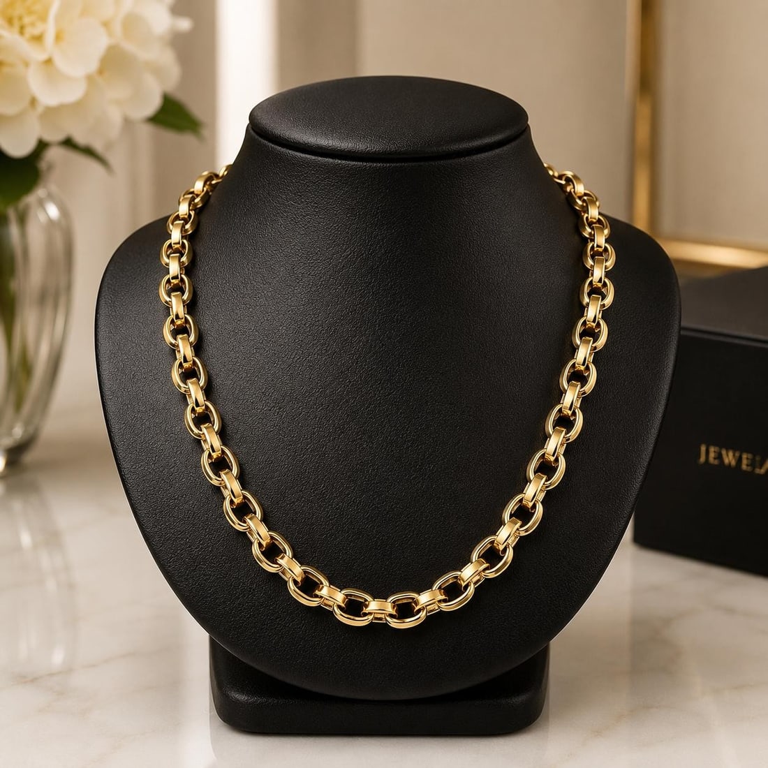 14k Yellow Gold Rolo Link Necklace 24 Inch Grooved Polished Chain: 14k Yellow Gold Rolo Link Necklace 24 Inch Grooved Polished Chain This unbranded 14k yellow gold necklace features a heavy, solid construction with open grooved and polished rolo links. Measuring 24 i