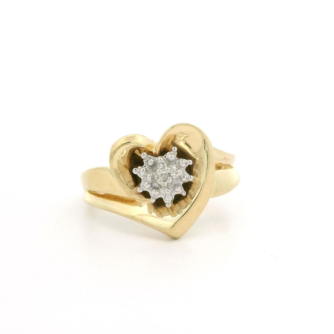 10K Yellow Gold Heart Band Ring with 0.05ct Diamond Accents: 10K Yellow Gold Heart Band Ring with 0.05ct Diamond Accents This exquisite heart band ring features a polished finish, crafted from 10K solid yellow gold with elegant white gold accents. It showcases 