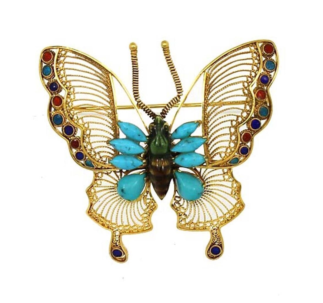 Vintage 18k Yellow Gold Butterfly Brooch with Turquoise and Enamel: Vintage 18k Yellow Gold Butterfly Brooch with Turquoise and Enamel This vintage butterfly brooch features an intricate openwork filigree design in 18k yellow gold, accented with turquoise and multi-co