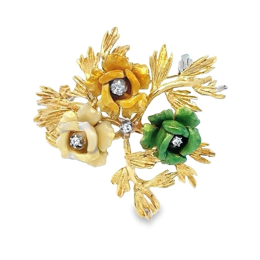 Estate 18K Gold Floral Diamond Brooch with Enamel Accents: Estate 18K Gold Floral Diamond Brooch with Enamel Accents This exquisite estate brooch pin features a stunning floral design crafted from 18K yellow gold, complemented by cream and green enamel accent