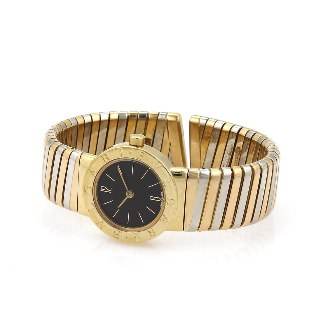 Bvlgari 18k Tricolor Gold Quartz Tubogas Flex Watch: Bvlgari 18k Tricolor Gold Quartz Tubogas Flex Watch Experience luxury with this authentic Bvlgari wrist watch, exquisitely crafted from 18k yellow, rose, and white gold. The polished finish enhances i