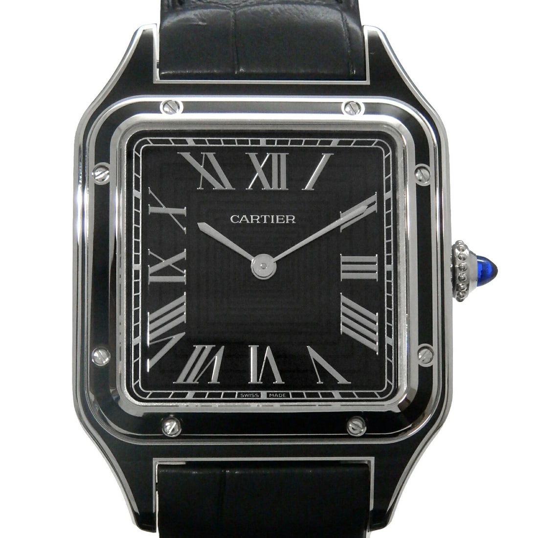Cartier WSSA0046 Santos Dumont LM mens hand wound wristwatch black dial: Cartier WSSA0046 Santos Dumont LM mens hand wound wristwatch black dial Cartier Santos Dumont LM men's hand-wound wristwatch with a black dial. It is pre-owned and made in Switzerland. Specifications 