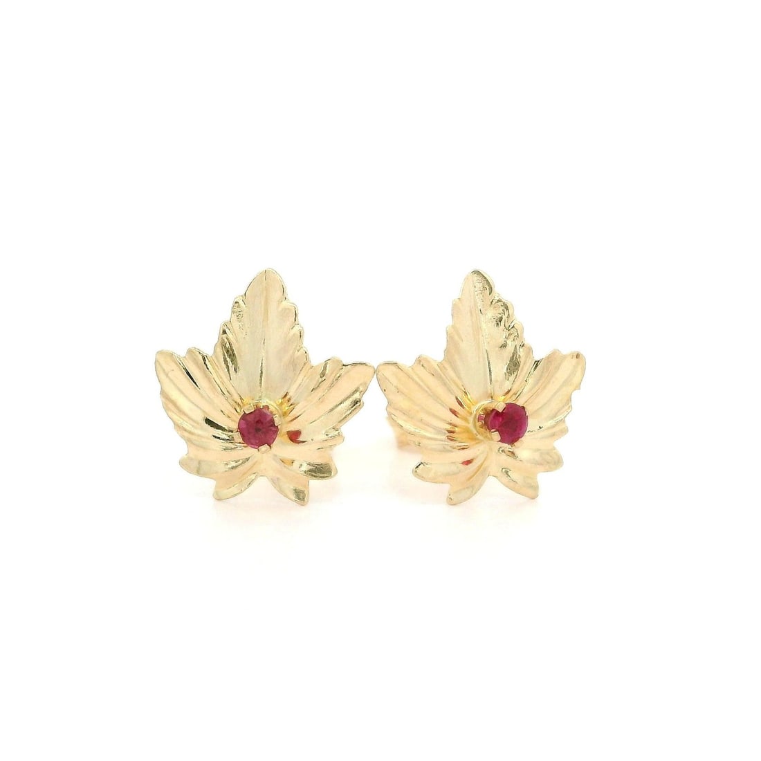 14K Yellow Gold Ruby Leaf Stud Earrings with Butterfly Closures: 14K Yellow Gold Ruby Leaf Stud Earrings with Butterfly Closures These exquisite stud earrings are crafted from solid 14K yellow gold and feature two natural, round brilliant cut rubies, showcasing a v