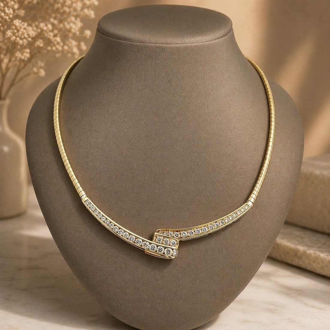 Diamond Ribbon Omega Necklace in 14k Yellow Gold 3.28ctw 19 Inch: Diamond Ribbon Omega Necklace in 14k Yellow Gold 3.28ctw 19 Inch This elegant necklace features a ribbon design with 38 round brilliant cut natural diamonds, totaling approximately 3.28 carats. The di