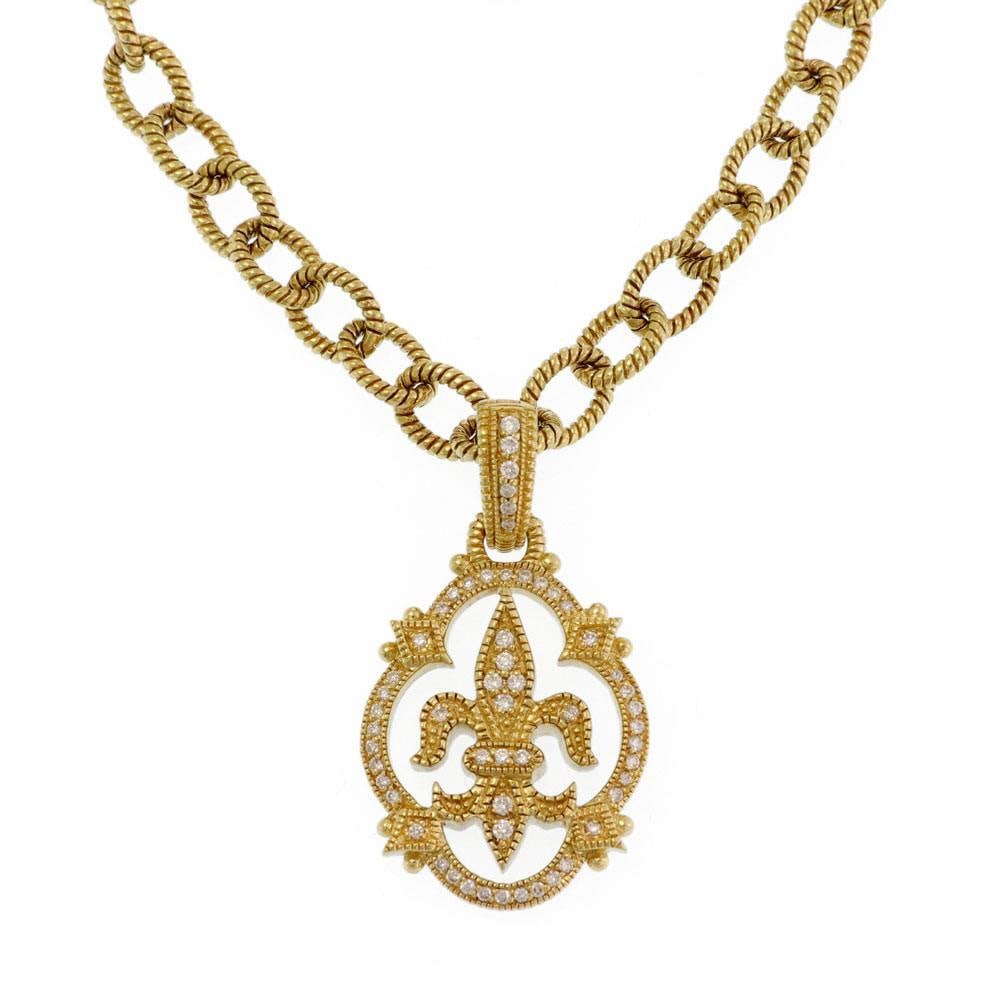 Judith Ripka 18k Yellow Gold Diamond Fleur de Lis Pendant Necklace: Judith Ripka 18k Yellow Gold Diamond Fleur de Lis Pendant Necklace This exquisite necklace by Judith Ripka showcases a stunning Fleur de Lis pendant, meticulously crafted from 18k yellow gold with a t