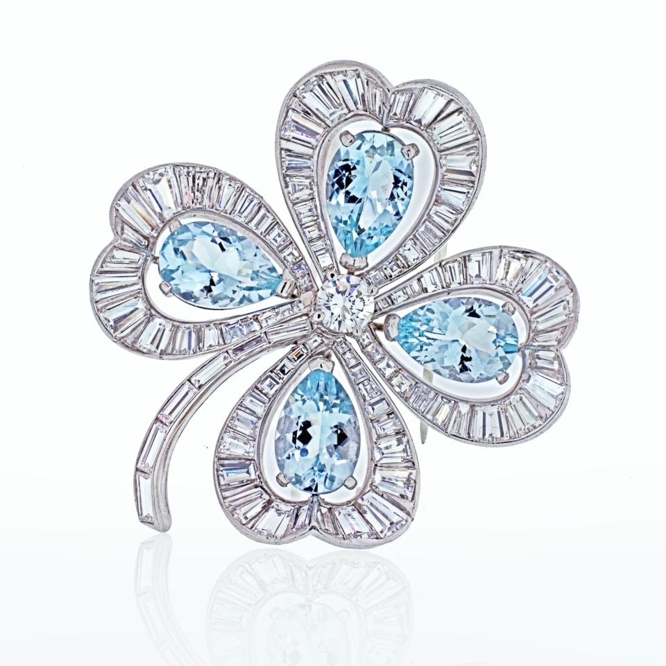 Elegant Platinum Four Leaf Clover Brooch with Aquamarines and Diamonds (1 of 3)