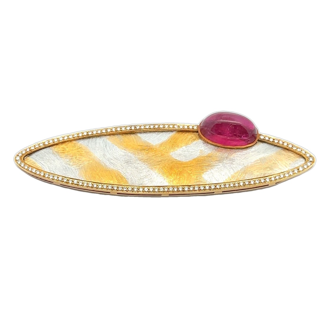 GIA Certified 18K Gold Platinum Rubellite Tourmaline Diamond Navette Brooch: GIA Certified 18K Gold Platinum Rubellite Tourmaline Diamond Navette Brooch This exquisite large brooch features a stunning 18k yellow gold and platinum design, showcasing a remarkable natural genuine
