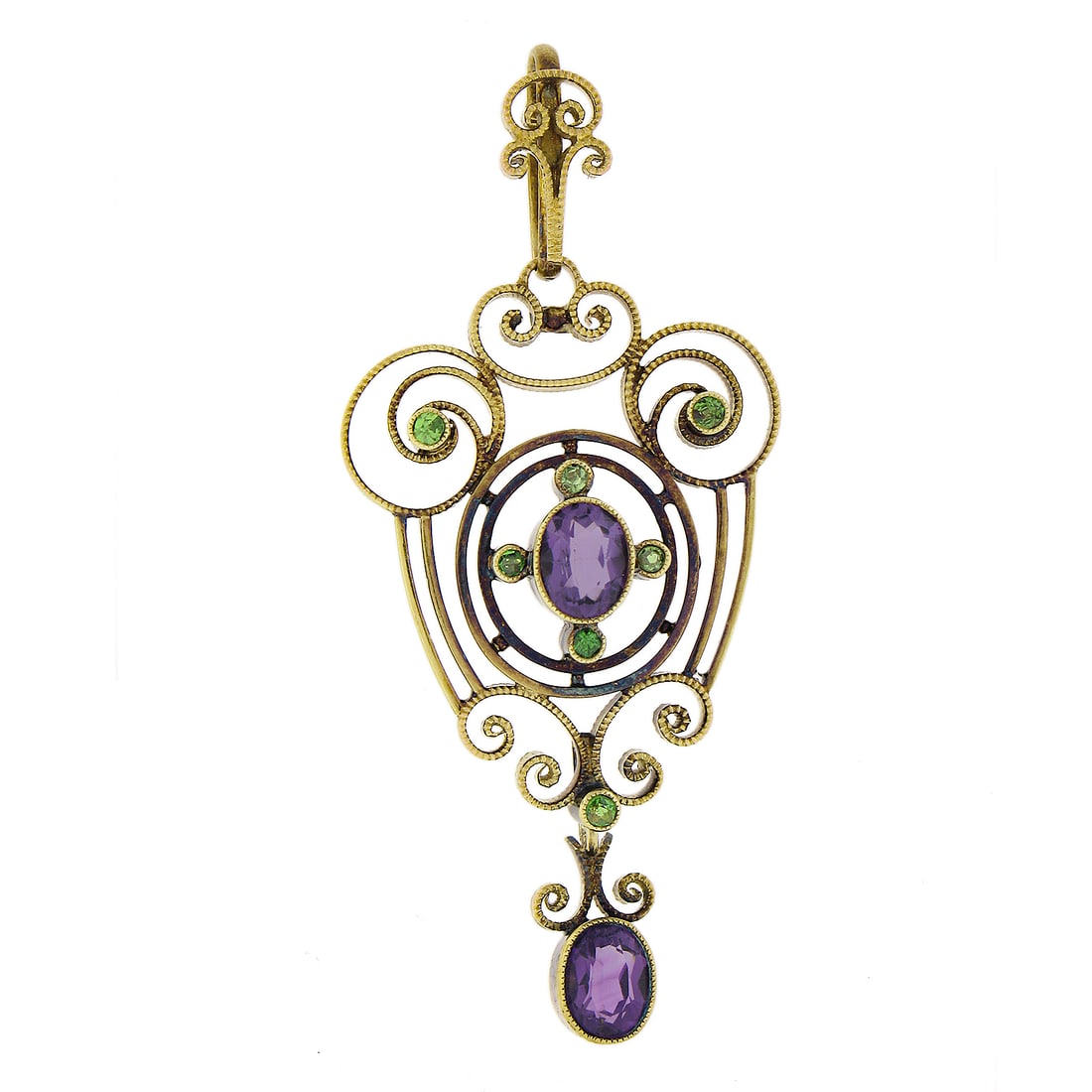 Victorian 15K Yellow Gold Lavalier Pendant with Amethyst and Demantoid Garnets: Victorian 15K Yellow Gold Lavalier Pendant with Amethyst and Demantoid Garnets Antique Victorian lavalier pendant crafted in solid 15K yellow gold, featuring two oval-cut natural genuine amethysts and
