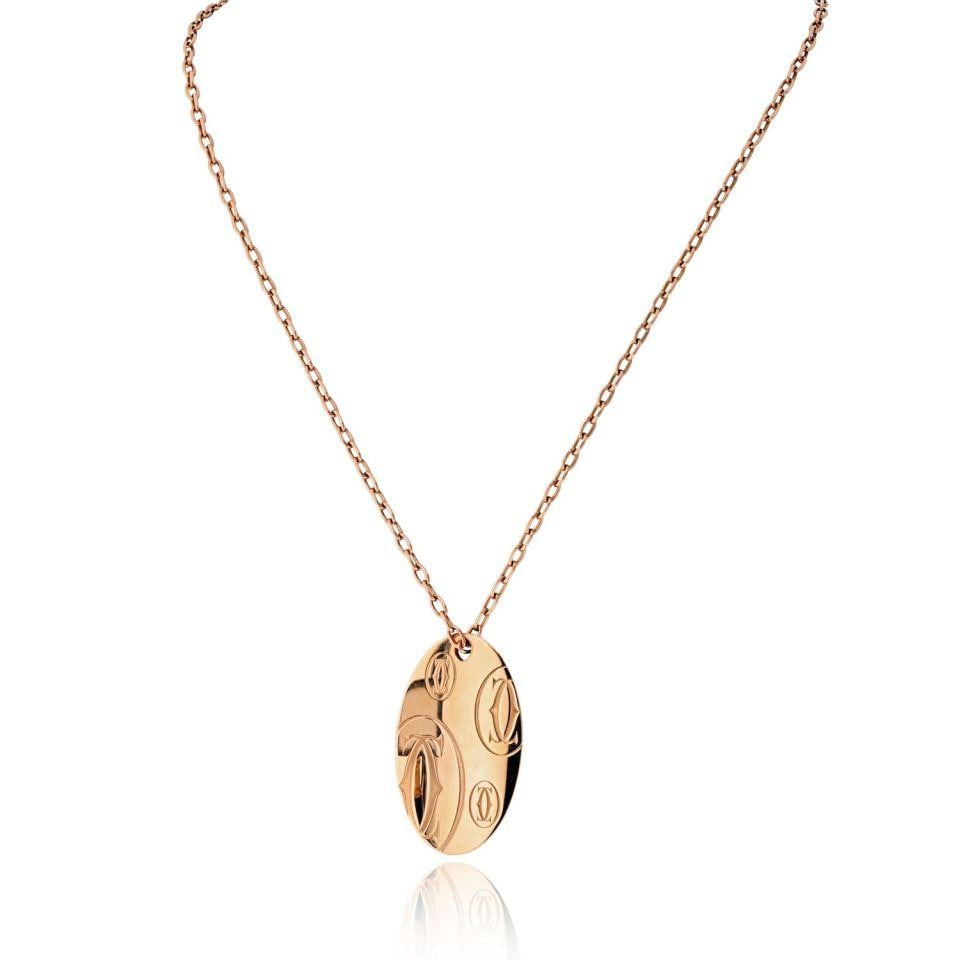 18K Rose Gold Cartier Happy Birthday Oval Pendant Necklace with 30 Inch Chain: 18K Rose Gold Cartier Happy Birthday Oval Pendant Necklace with 30 Inch Chain This Cartier Happy Birthday pendant necklace is crafted from 18K rose gold and features a sleek oval pendant measuring 44m