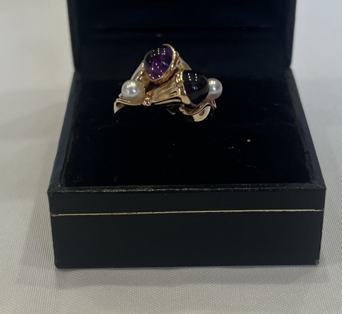 Swedish 18k Yellow Gold Amethyst Pearl Ring Size 5.25 (1 of 6)