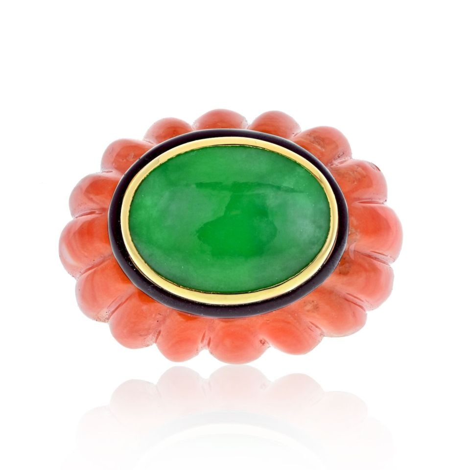 David Webb Carved Coral Jade Black Enamel Ring Platinum 18K Gold: David Webb Carved Coral Jade Black Enamel Ring Platinum 18K Gold This exquisite estate ring by David Webb showcases a stunning combination of materials, featuring a polished oval piece of jade at its 