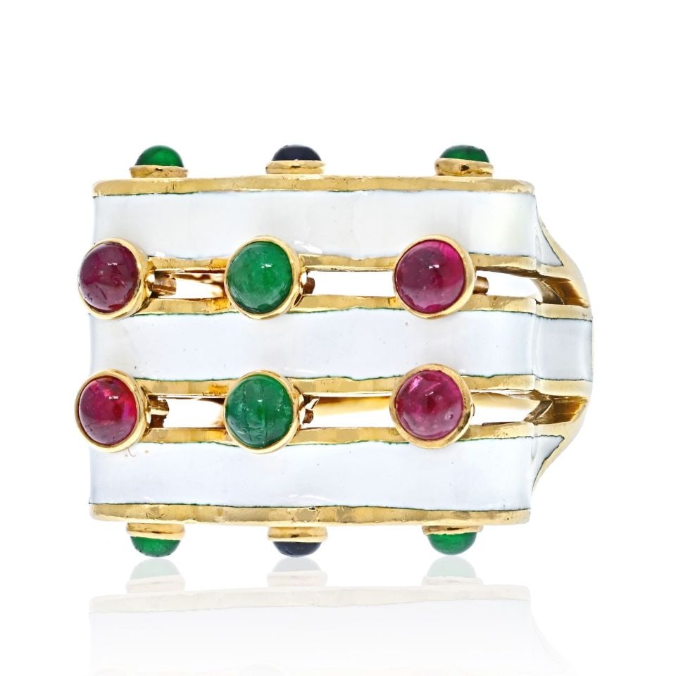 Wave Design Ring in Platinum and 18K Gold with Rubies Emeralds Sapphires: Wave Design Ring in Platinum and 18K Gold with Rubies Emeralds Sapphires This stunning David Webb ring from the Manhattan Minimalism Collection showcases a unique wave design crafted from white enamel