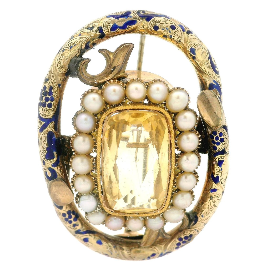 Antique Victorian 14k Gold Citrine Pearl Enamel Textured Brooch Pin: Antique Victorian 14k Gold Citrine Pearl Enamel Textured Brooch Pin This exquisite Antique Victorian brooch showcases a stunning combination of natural citrine and cultured pearls, beautifully set aga